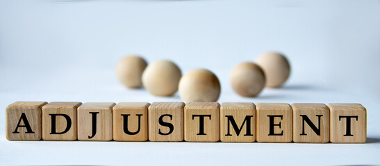 ADJUSTMENT - word on a wooden block on a white background with wooden balls