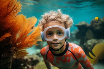Funny little boy in diving mask and coral reef. Underwater world.