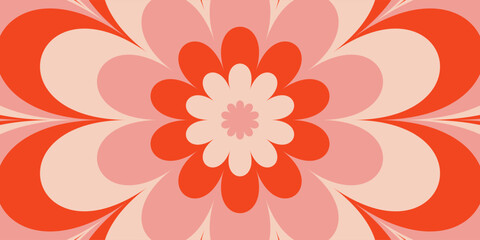 Groovy hippie 70s flower background. Waves, swirl, twirl pattern with daisy flower. Twisted and distorted vector texture in a trendy retro psychedelic style. Y2k aesthetic. Red and pink colors