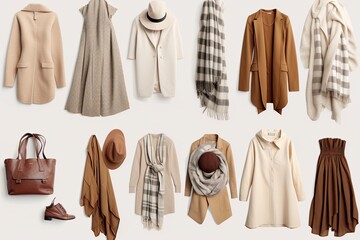 Set of women's outerwear on white background, different clothing items for autumn or winter, Generative AI
