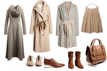 Set of women's outerwear on white background, different clothing items for autumn or winter, Generative AI