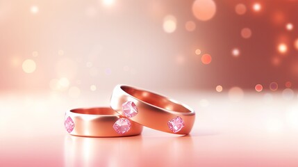 Two elegant red gold wedding bands on soft pink bokeh background with space for text, banner
