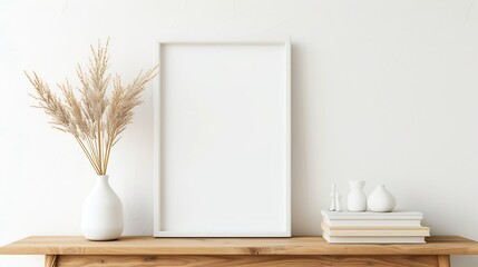 Fototapeta premium Generative AI : Horizontal white frame mockup on vintage wooden bench, table. Modern white ceramic vase with dry Lagurus ovatus grass and books. White wall background. Scandinavian interior. Selective