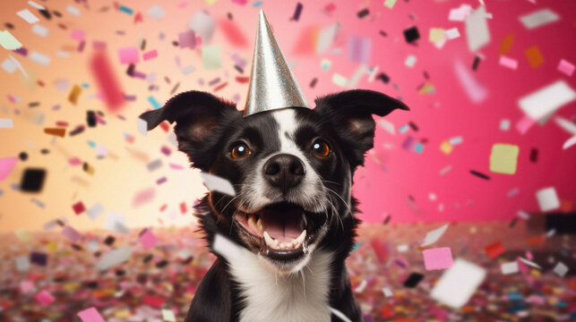 Funny black and white border collie dog with birthday hat and confetti