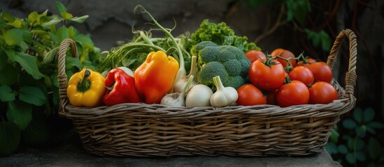 Vegetables grown at home, collected in a basket.