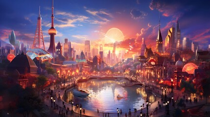 Shanghai skyline at sunset. Panoramic view of Shanghai, China. - obrazy, fototapety, plakaty