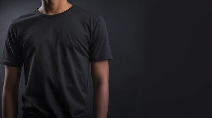 Generative AI : Shirt design and people concept - closeup of young man in blank black tshirt front...