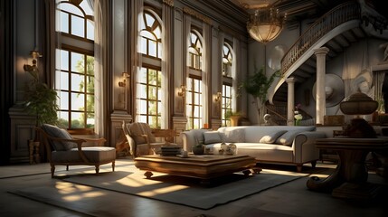 3d rendering of a living room with a large window and a sofa