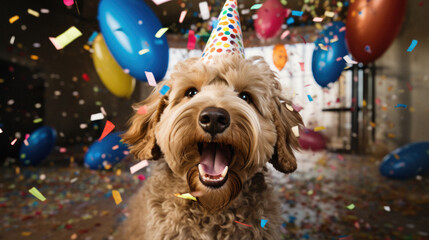 Portrait of a cute dog celebrating birthday in a room with confetti