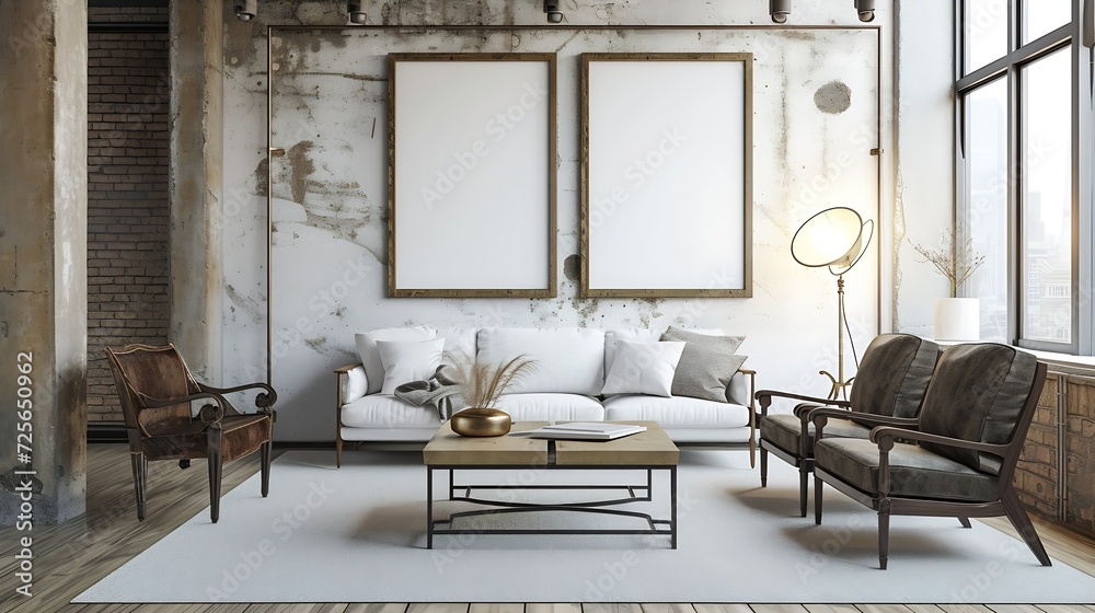 Poster generative ai : mock up posters frames and canvas in vintage hipster loft interior background, 3d re