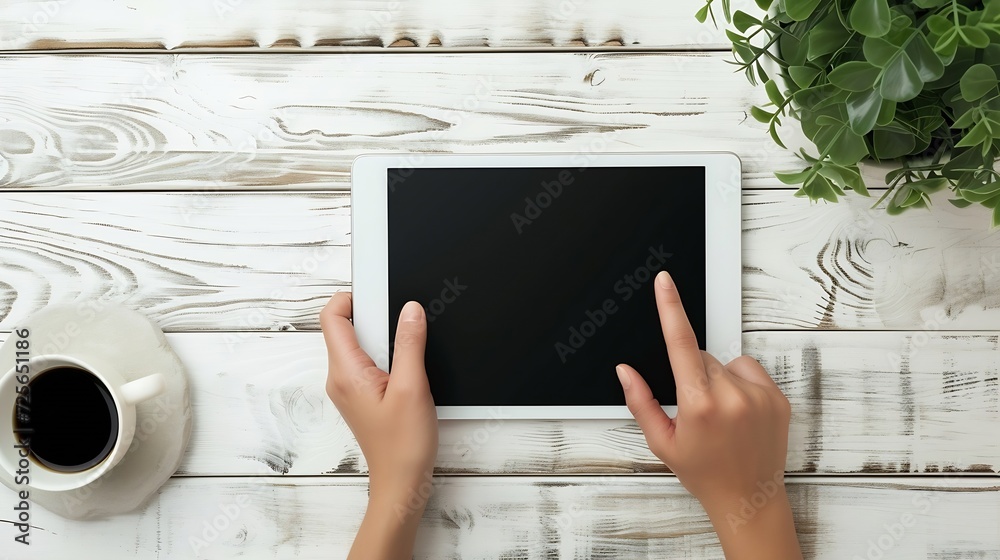 Poster generative ai : hand holding tablet similar to ipades style on wood table.top view