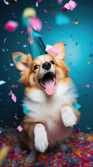 Cute welsh corgi dog celebrating birthday with confetti and party hat