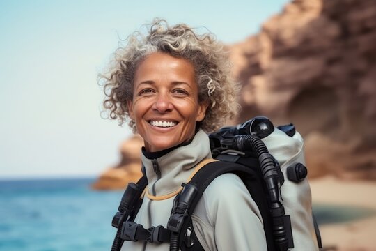 Portrait of happy senior woman with wavy hair wearing scuba gear