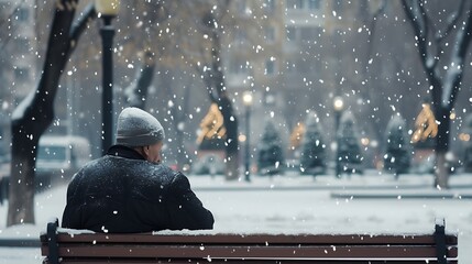 Generative AI : Moment of solitude as a distant figure sits on a quiet park bench during a cold winter - obrazy, fototapety, plakaty