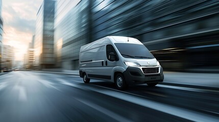 Generative AI : Peugeot Boxer truck van vehicle in motion on city road. Fast moving car on urban...