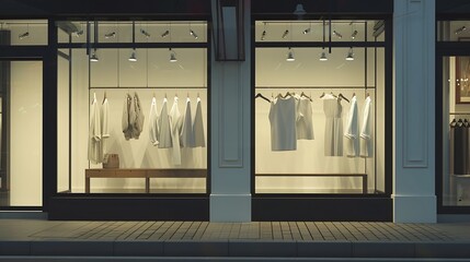 Generative AI : horizontal white empty signage on clothes shop front with glass windows - obrazy, fototapety, plakaty