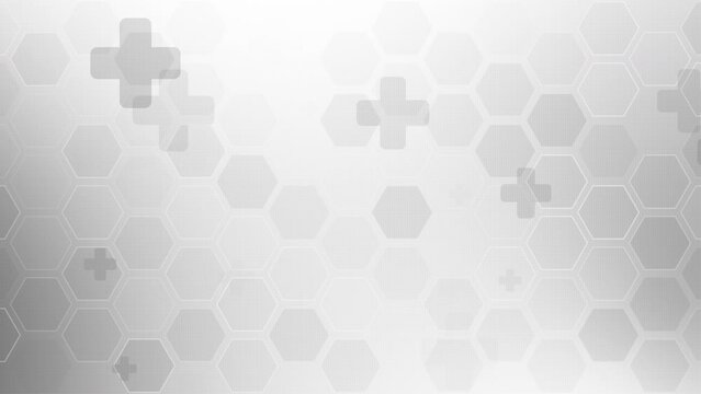 Abstract medicine and science with health, medical and healthcare grey background. Grid of hexagons and animated crosses. Looped motion graphics.