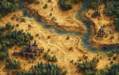 Game Map, Game Board, Top View. Medieval Style. Video Game's Digital CG Artwork, Colorful Concept Illustration, Realistic Cartoon Style Background.