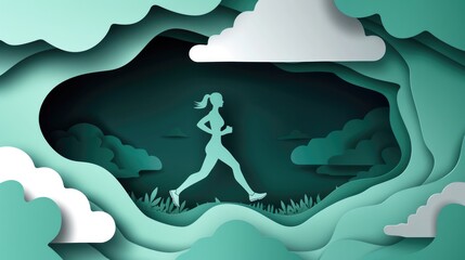 Paper composition in the shape of an athlete running on a pink background, vector symbol of determination for women, men, motivational card design.