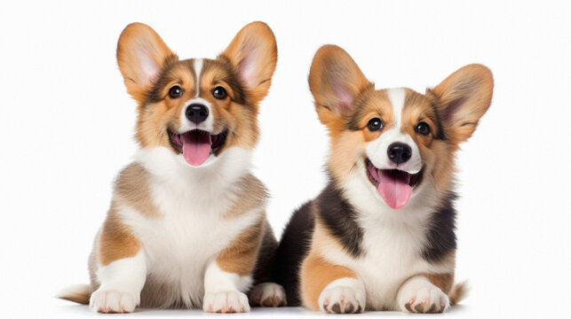 Two Welsh Corgi Pembroke puppies in front of white background