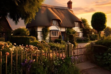 Beautiful cottage in the garden at sunset, panoramic view