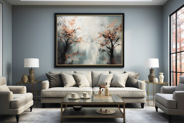Elevate your living room ambiance with a touch of artistry a?" a simple frame showcasing a captivating nature painting. 