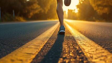 Image of a runner hurtling forward along the curve of the road. Cool light for the concept of aiming for future goals.
