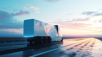 Generative AI : Big White Semi-Truck with Cargo Trailer Drives on the Road is Transformed with Graphics and Special Effects Into Digital Twin Futuristic Concept of Autonomous Vehicle