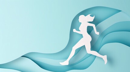 Paper composition in the shape of an athlete running on a blue background, vector symbol of determination for men, motivational card design.