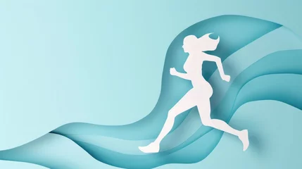 Foto op Plexiglas Paper composition in the shape of an athlete running on a blue background, vector symbol of determination for men, motivational card design. © panu101