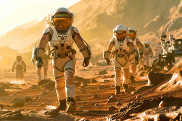 Mars Exploration Team Adventure. Team of astronauts in specialized suits exploring the Martian surface with advanced equipment. Day of Human Space Flight. 