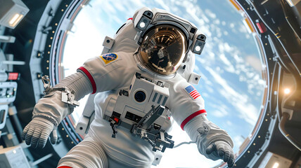 Spacewalk Elegance Shot. Astronaut in spacesuit in zero gravity. International Day of Human Space Flight. - obrazy, fototapety, plakaty