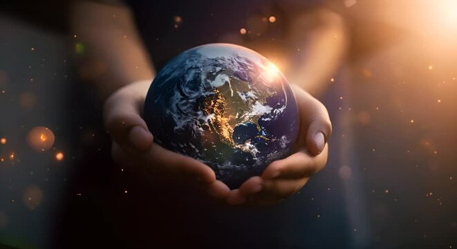 Hands holding the Earth surrounded by light. The concept of protection and preservation of the planet.