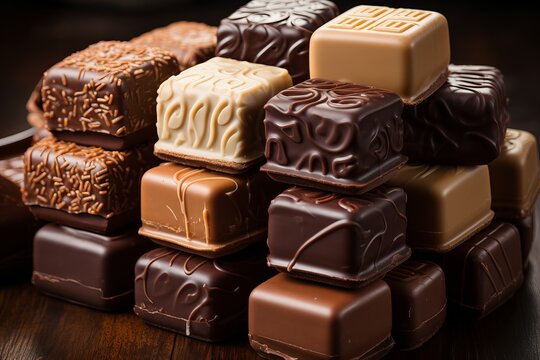 A close-up image of various delicious praline chocolates