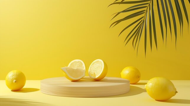 Generative AI : lemon podium product fruit platform cosmetic scene display citrus yellow.