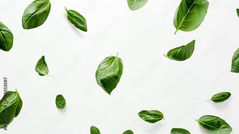 Aufkleber generative ai : green basil leaves flying on white background. fresh levitating leaves isolate