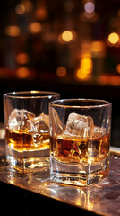 A close-up photo of two glasses whiskey, each containing a big ice cube, set against a bokeh background that exudes a well-lit bar atmosphere, amber liquid gleams under the ambient lighting
