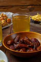 set table meat bread couscous uzvar for iftar ramadan meal.