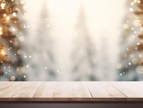 Empty woooden table top with abstract warm living room decor with christmas tree string light blur background with snow,Holiday backdrop,Mock up banner for display of advertise product
