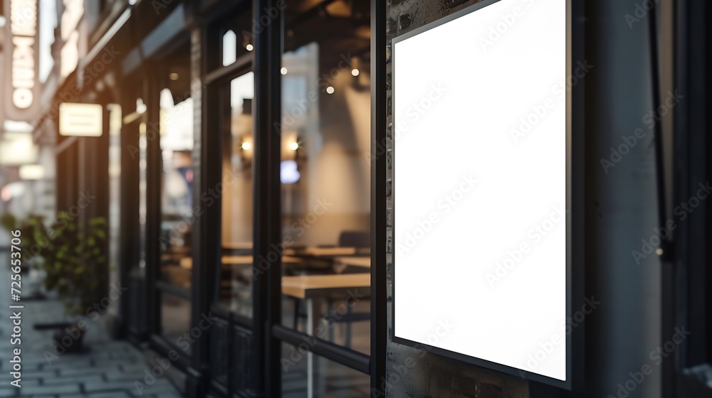 Poster generative ai : white paper poster mockup displayed outside the building restaurant. marketing and b