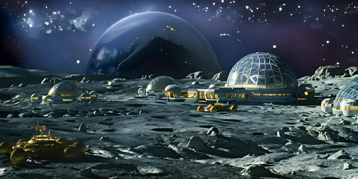 Lunar base with Earth in the background. The concept of space colonization and exploration.