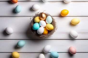 Top view of a composition of multi colored Easter eggs that lie on the table surface, free space for text. Background for a banner for Easter.