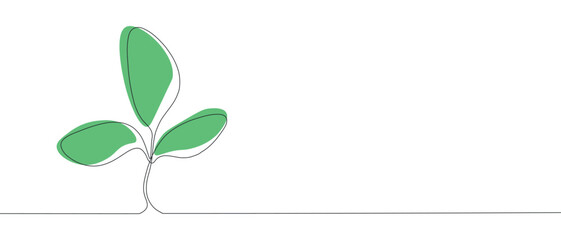 drawing with one line with green design, one continuous drawing with leaves, sprouts. The concept of nature ecology, growth, stages of plant development