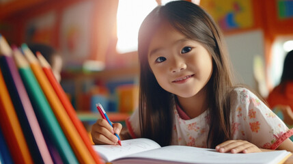 Cute asian child girl drawing with colorful pencils in classroom