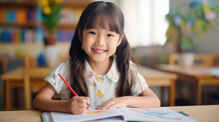 Portrait of cute asian child girl drawing with colorful pencils in classroom