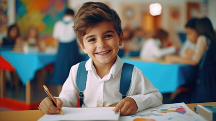 Portrait of smiling schoolboy drawing with pencils in classroom at school