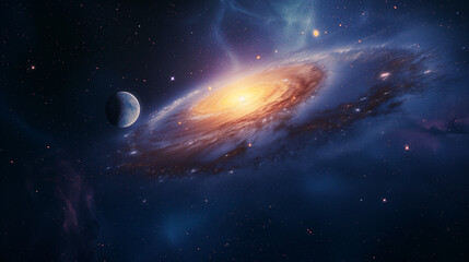 Fototapeta premium Cosmic Background featuring a Spiral Galaxy with Nebula, Stars, and a Planet, Crafting a Celestial Tapestry of Galactic Beauty and Astronomical Marvels