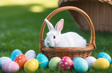 A white rabbit sits in a wicker basket next to which colorful Easter eggs are scattered. Background for a postcard. Egg hunt during Easter celebration.