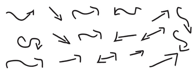 Various hand drawn charcoal arrows and underlines collection. Chalked arrows, pencil drawn curved lines, strike through, ling brush strokes. Vector direction pointers, doodle elements.