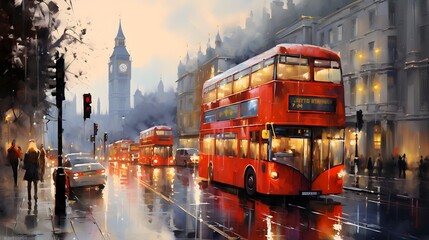 Two double decker buses are captured in this painting. This image can be used to showcase the hustle and bustle of city life.